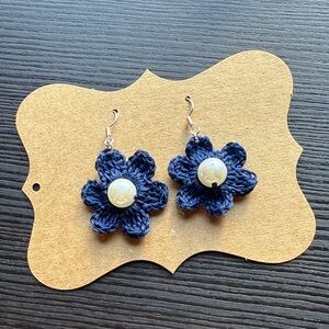 Handmade Elegant Navy Blue Flower with Pearl Earrings